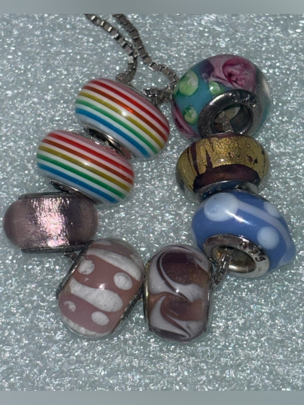 STERLING SLIVER AND GLASS CHARM BRACELET BEADS (SET OF 8)